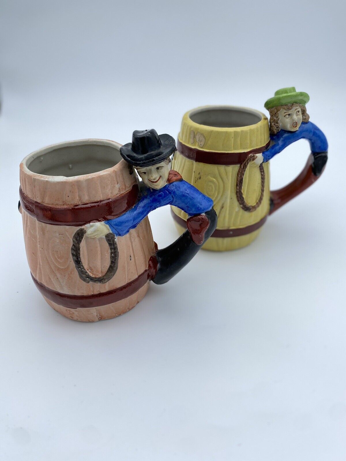 Beer Barrel Mugs Cowboy and Cowgirl Pair Made in Japan 1940s Vintage - Flaw