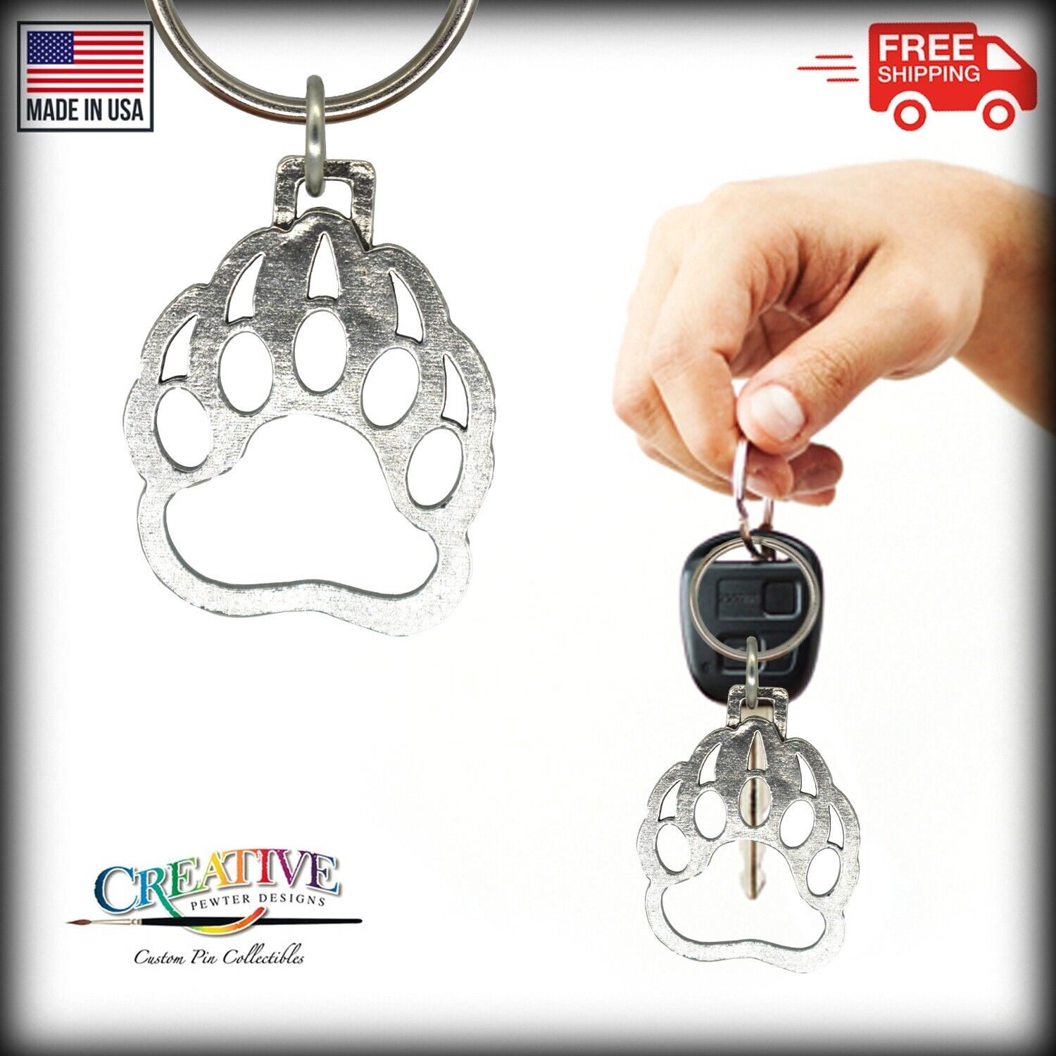 Bear Foot Print Pewter Keychain, Claws, Paw, Nature, Grizzly, Key Fob, M038KC