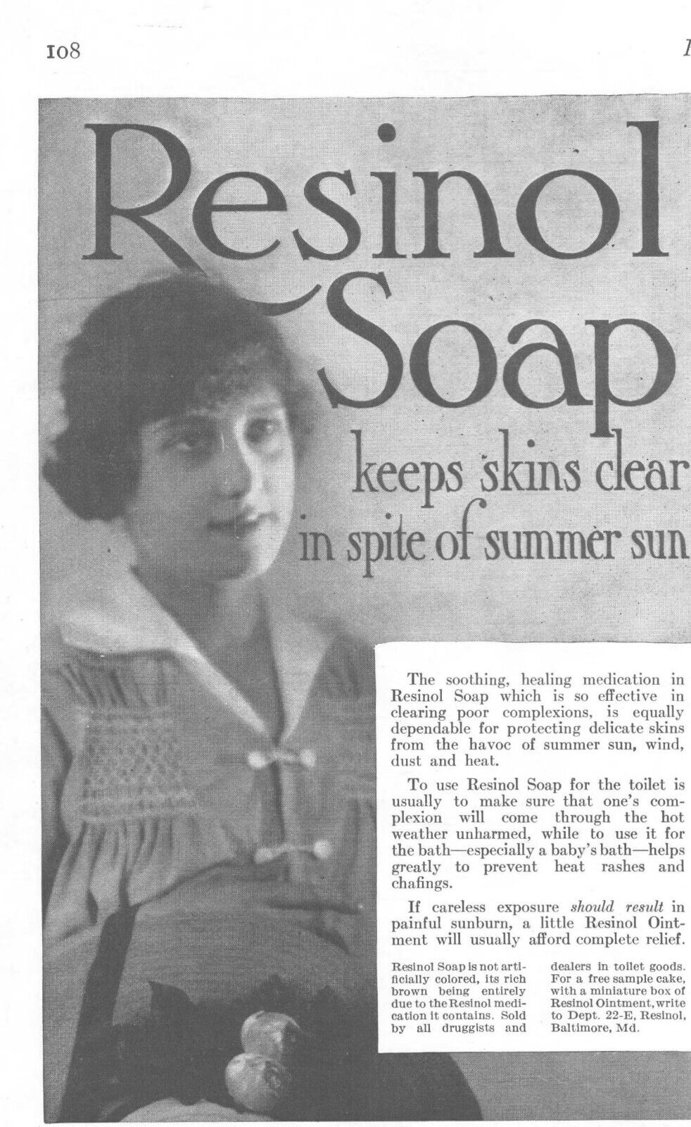 1916 Resinol Soap Antique Print Ad Keeps Skin Clear In Spite Of Summer Sun