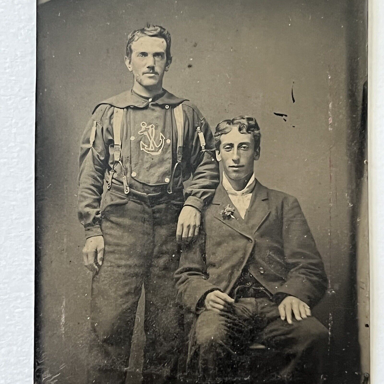 Antique Tintype Photograph Handsome Affectionate Men Anchor Sailor Shirt Gay Int