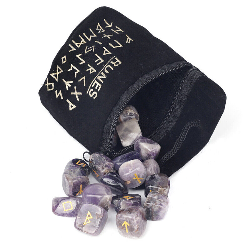 25pcs Natural Rune Stone Crystal Set Wicca Pagan Reiki Healing with Velvet Bag