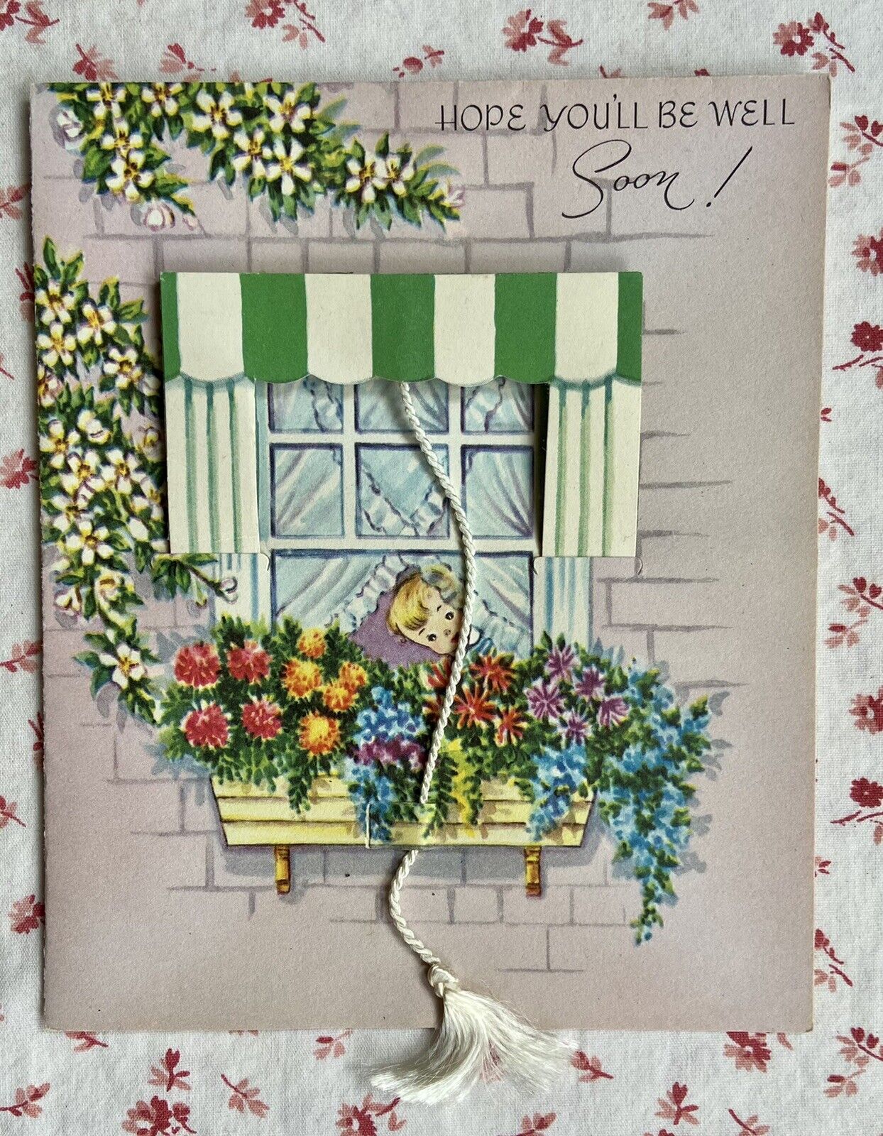 Vintage 1950s UNUSED Get Well Mechanical Pull-Down Honeycomb Shade Greeting Card