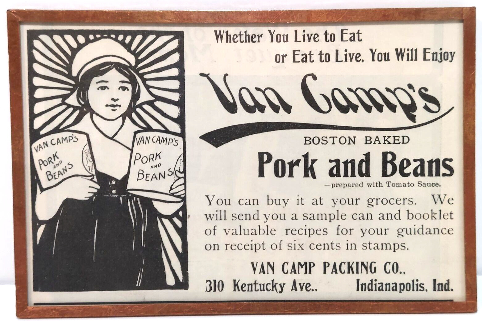 RARE 1901 VAN CAMP\'S Copper Framed Pork & Beans Print Newspaper Ad Advertisement