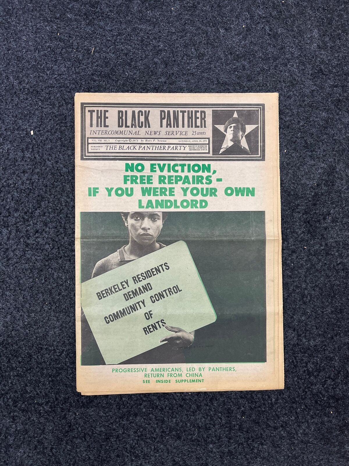 1971 Anti-Landlord Black Panther Vintage Newspaper, Black Excellence, Californi