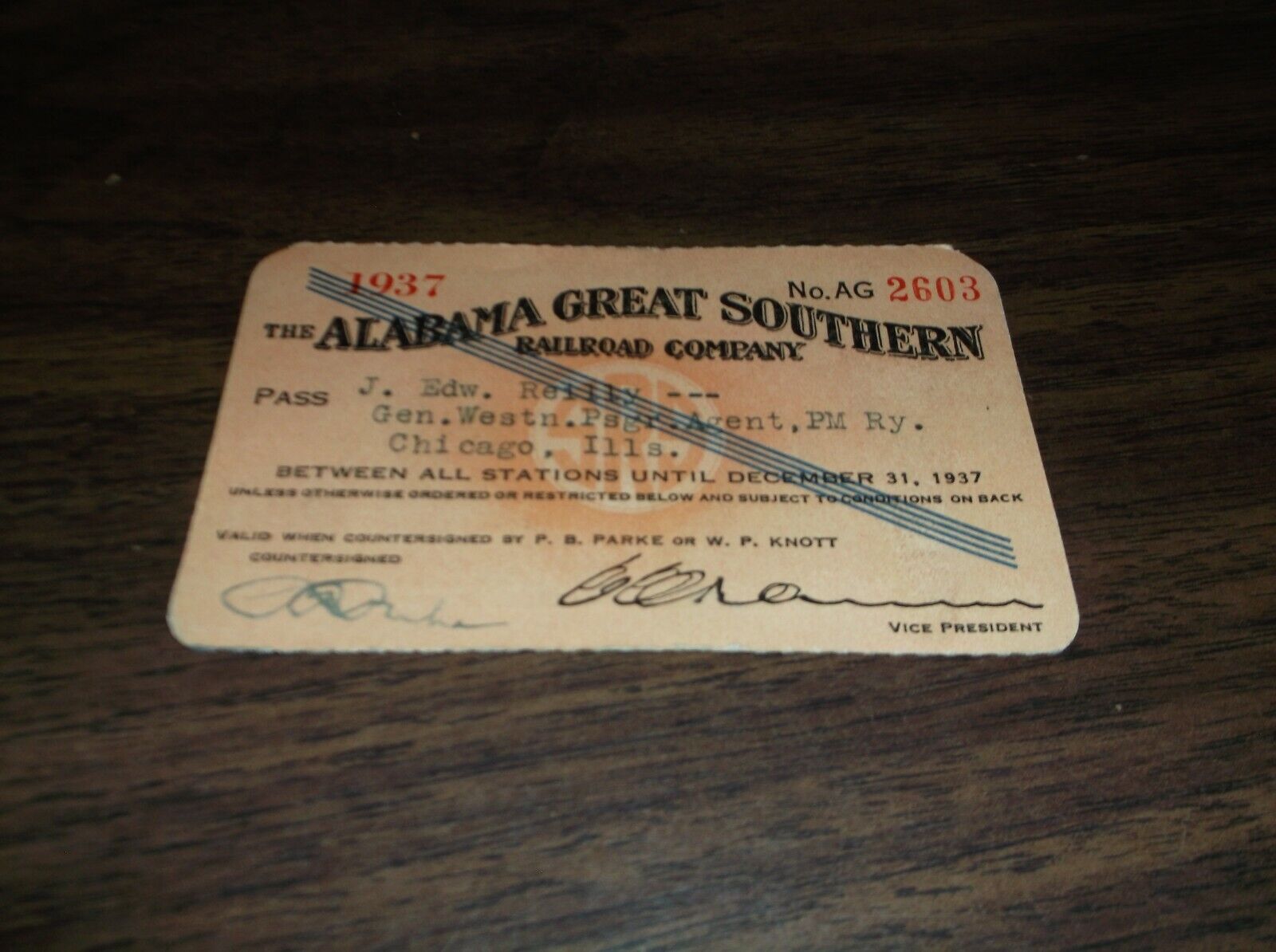 1937 ALABAMA GREAT SOUTHERN RAILROAD AGS EMPLOYEE PASS #2603