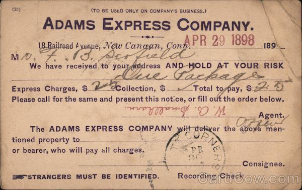 1898 New Canaan,CT Adams Express Company Fairfield County Postal Card Postcard