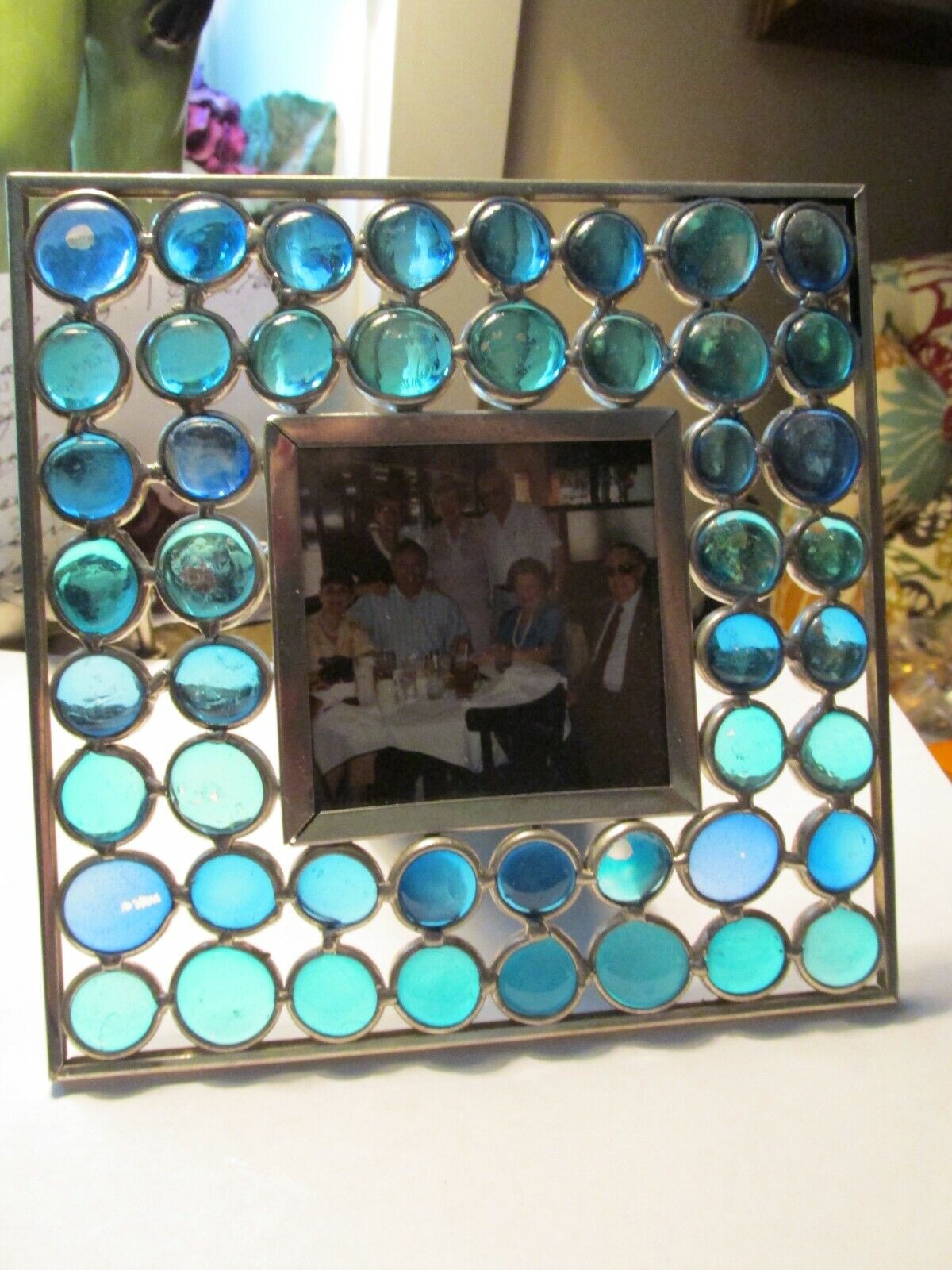 Beautiful Pewter-Color Turquoise Beveled Glass Design Standing Frame 6-1/4x6-1/2