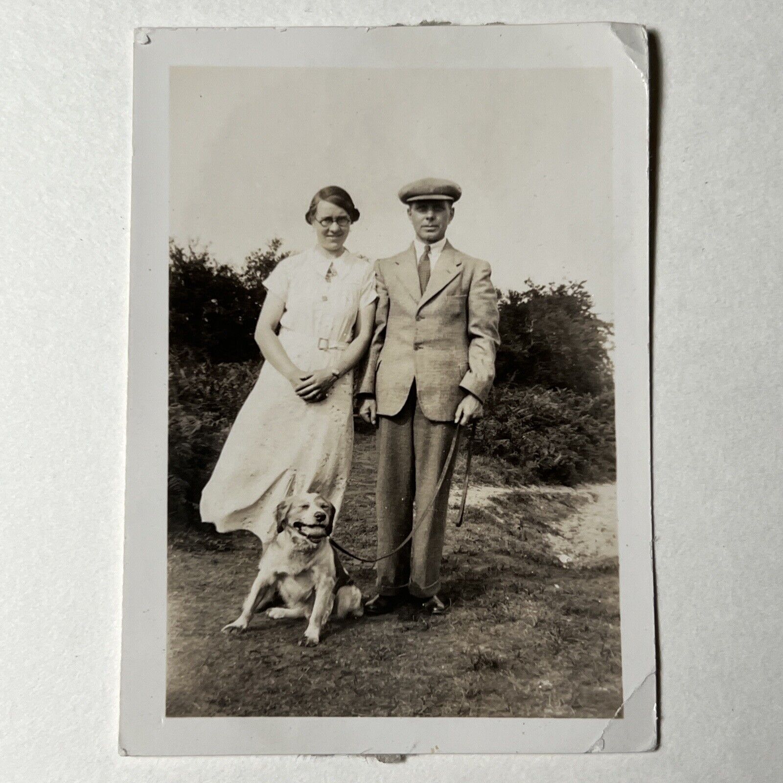vintage 1930s Handsome COUPLE outdoors with DOG  Snapshot Photo BALL in MOUTH
