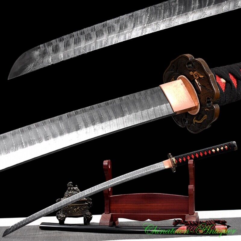 Full Tang Ladder Pattern Damascus Steel Blade Sharp Japanese Sword Katana #2806