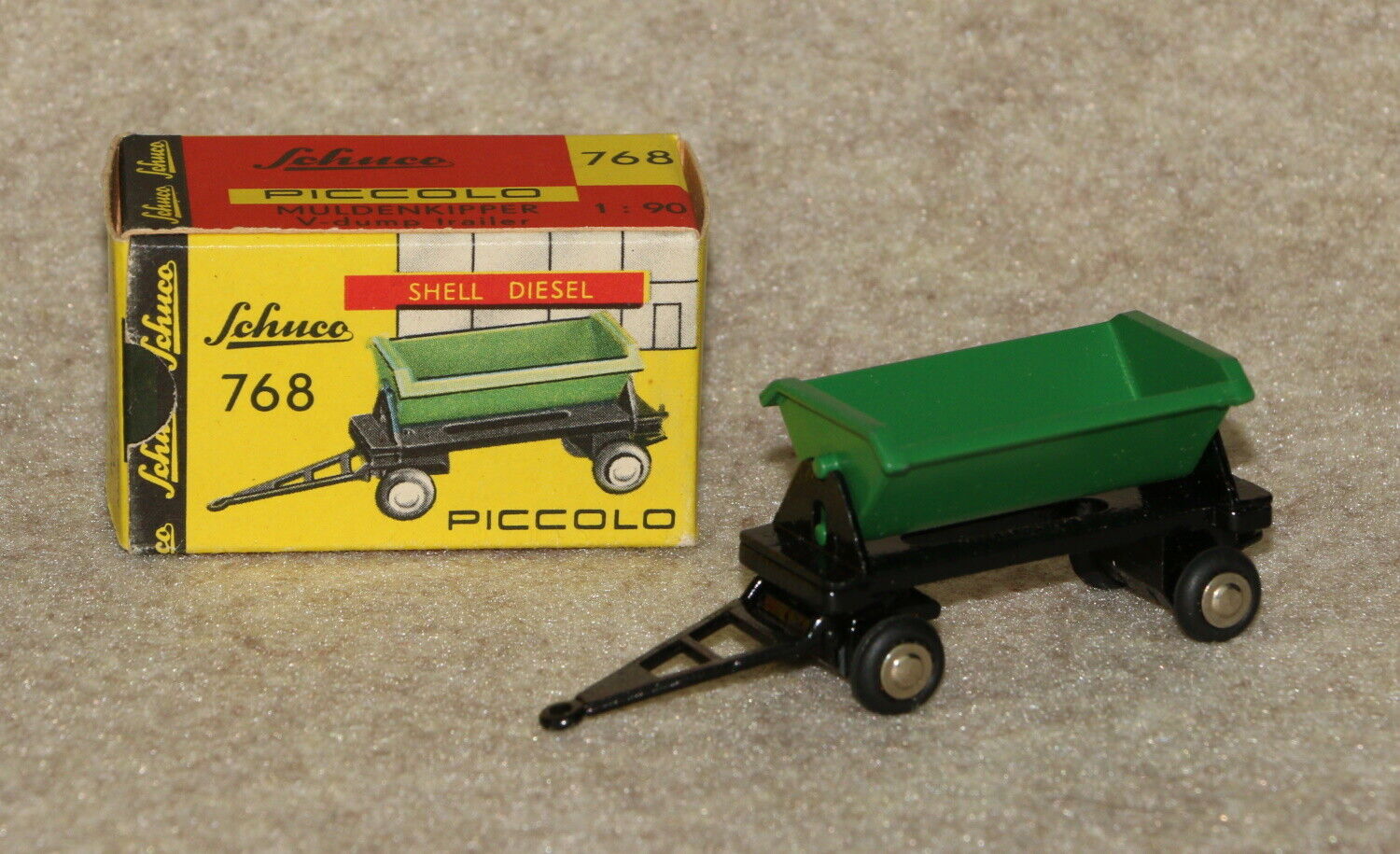 Schuco Piccolo 1963 #768 V-Dump Trailer Green Kipplor 1/90 Diecast Original MIB