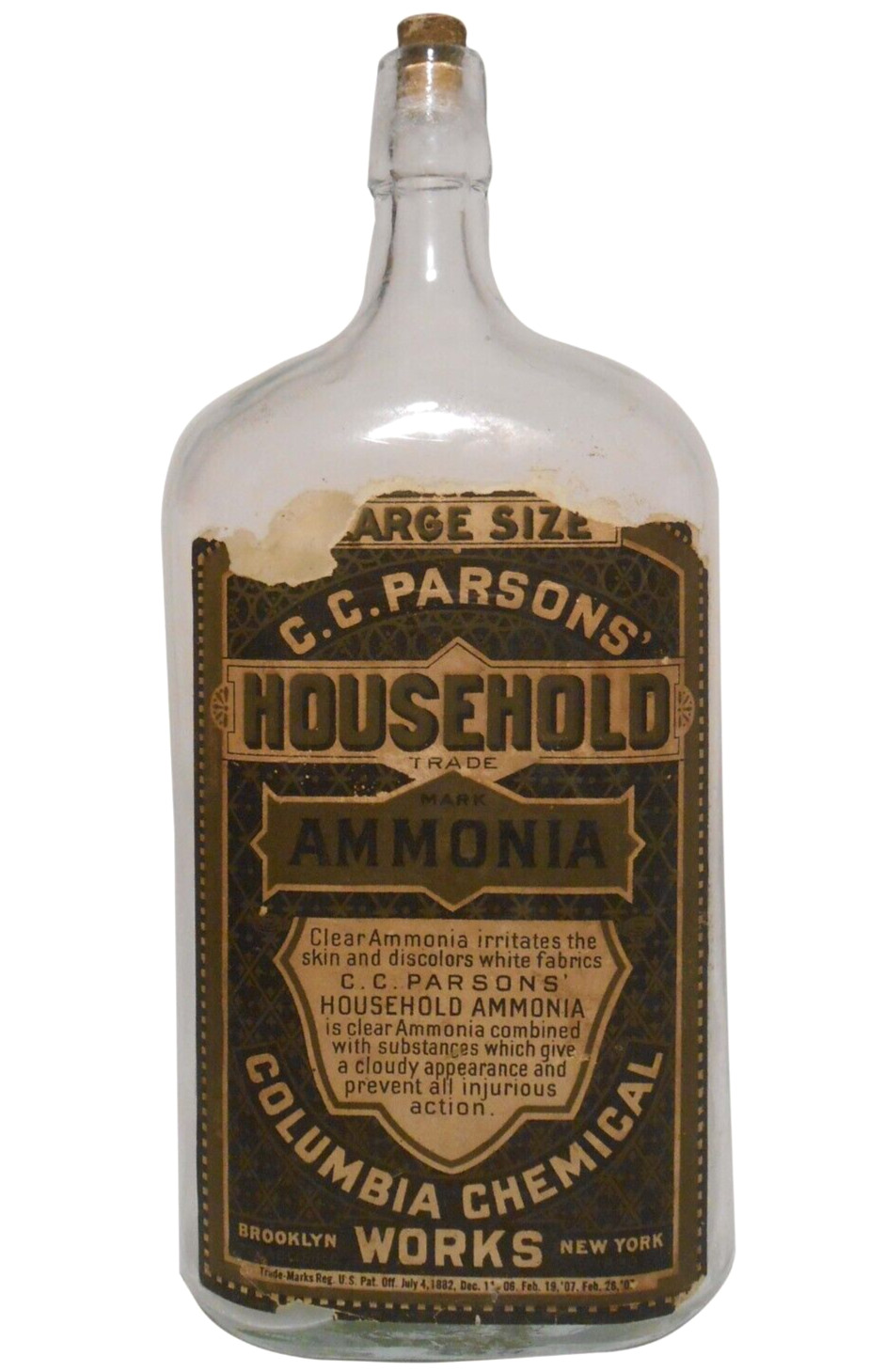 C C PARSONS HOUSEHOLD AMMONIA GLASS BOTTLE W/PAPER LABEL, COLUMBIA CHEM WORKS NY