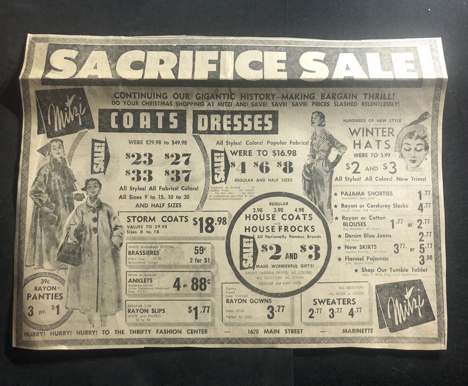 1950’s Mitzi Women Fashion Coats Clothes Store Wisconsin Newspaper Print Ad