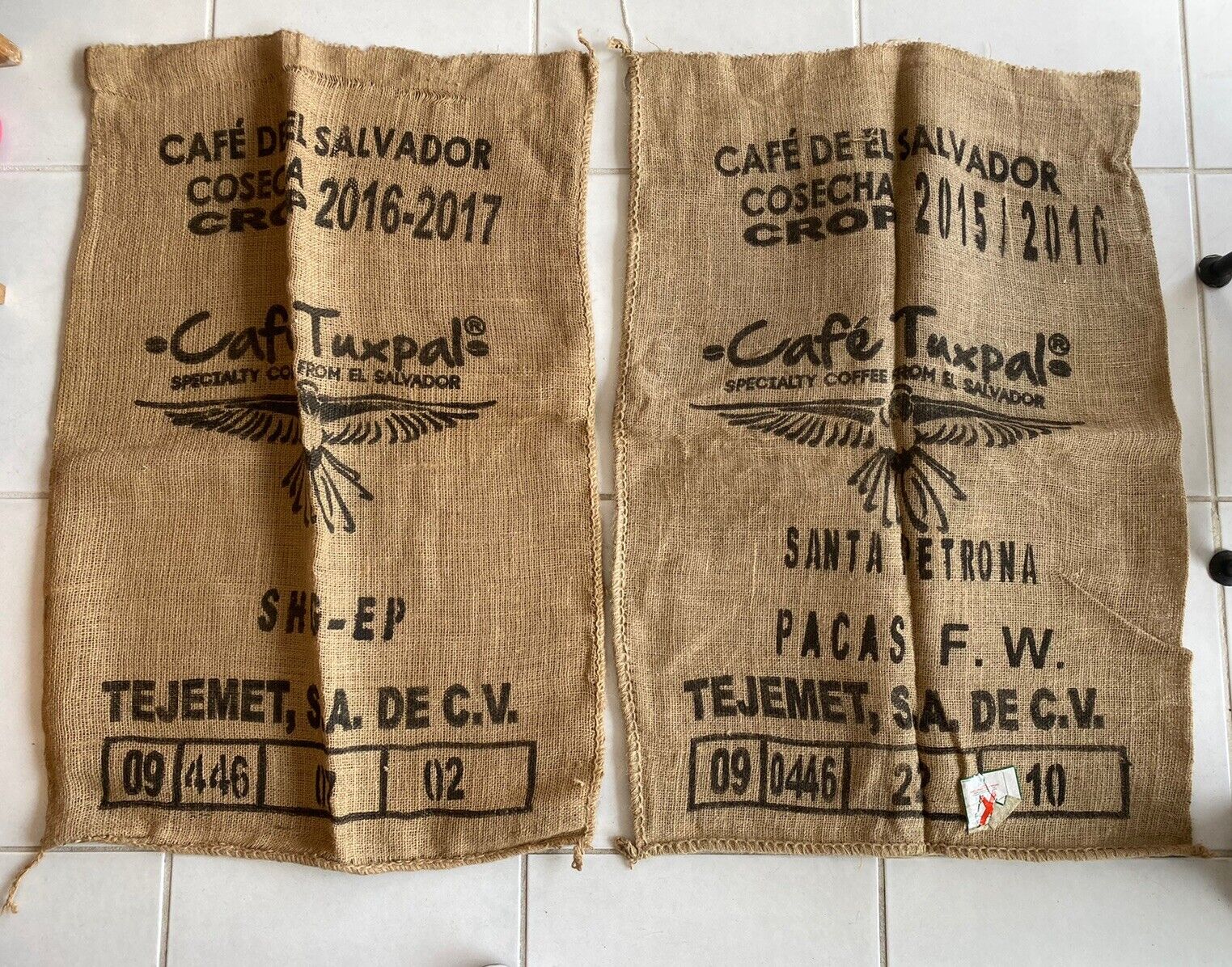 2 DARK MATTER Coffee Bean Burlap Sack Bags CAFE TUXPAL El Salvador Santa Petrona