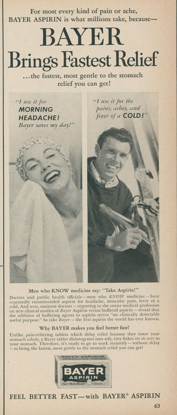 1959 Bayer Aspirin Vintage Print Ad Woman Shower Headache Man Cold Better LO2