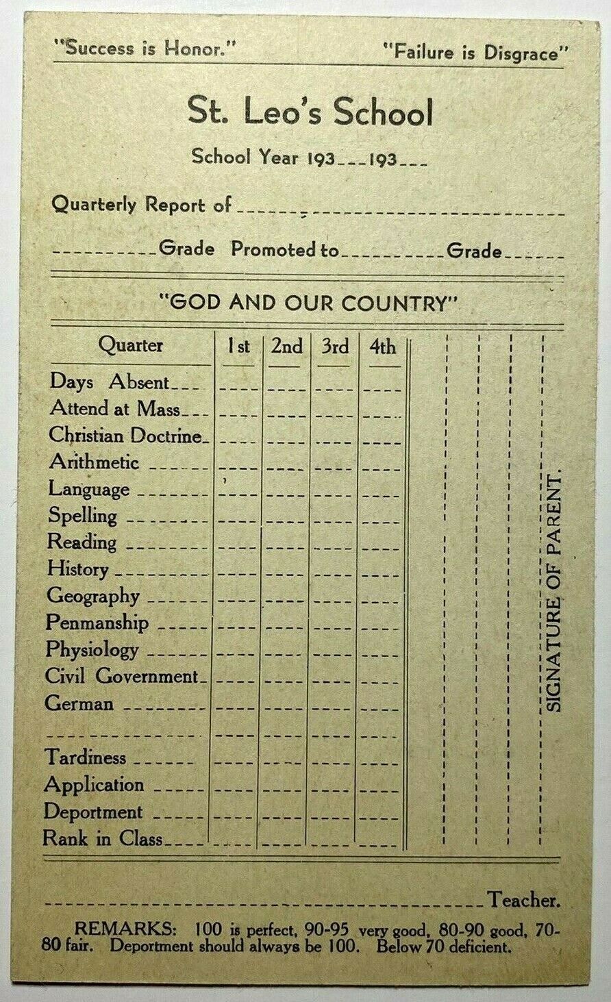 1930’s Report Tuition Card St. Leo’s School Milwaukee WI Failure Is Disgrace