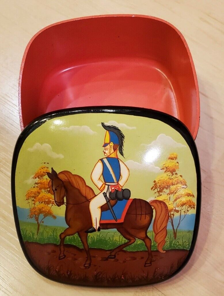 Vintage Russian Hand Painted Metal Case / Box, Soldier & Horse, 3.5\