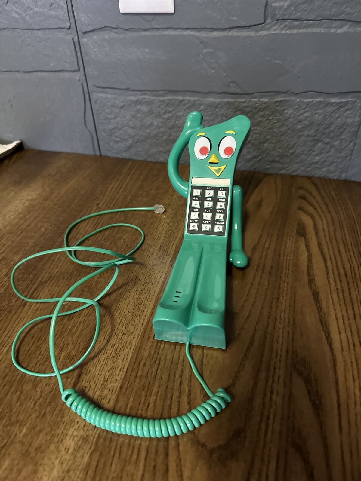 Vintage GUMBY PHONE Lewco Prema Toy Co Push Button Green Telephone 1985