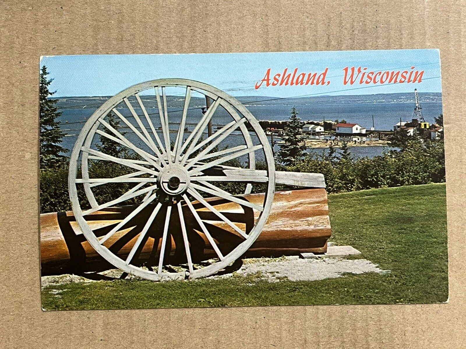 Postcard Ashland WI Wisconsin Scenic Greetings Logging Wheel Vintage PC