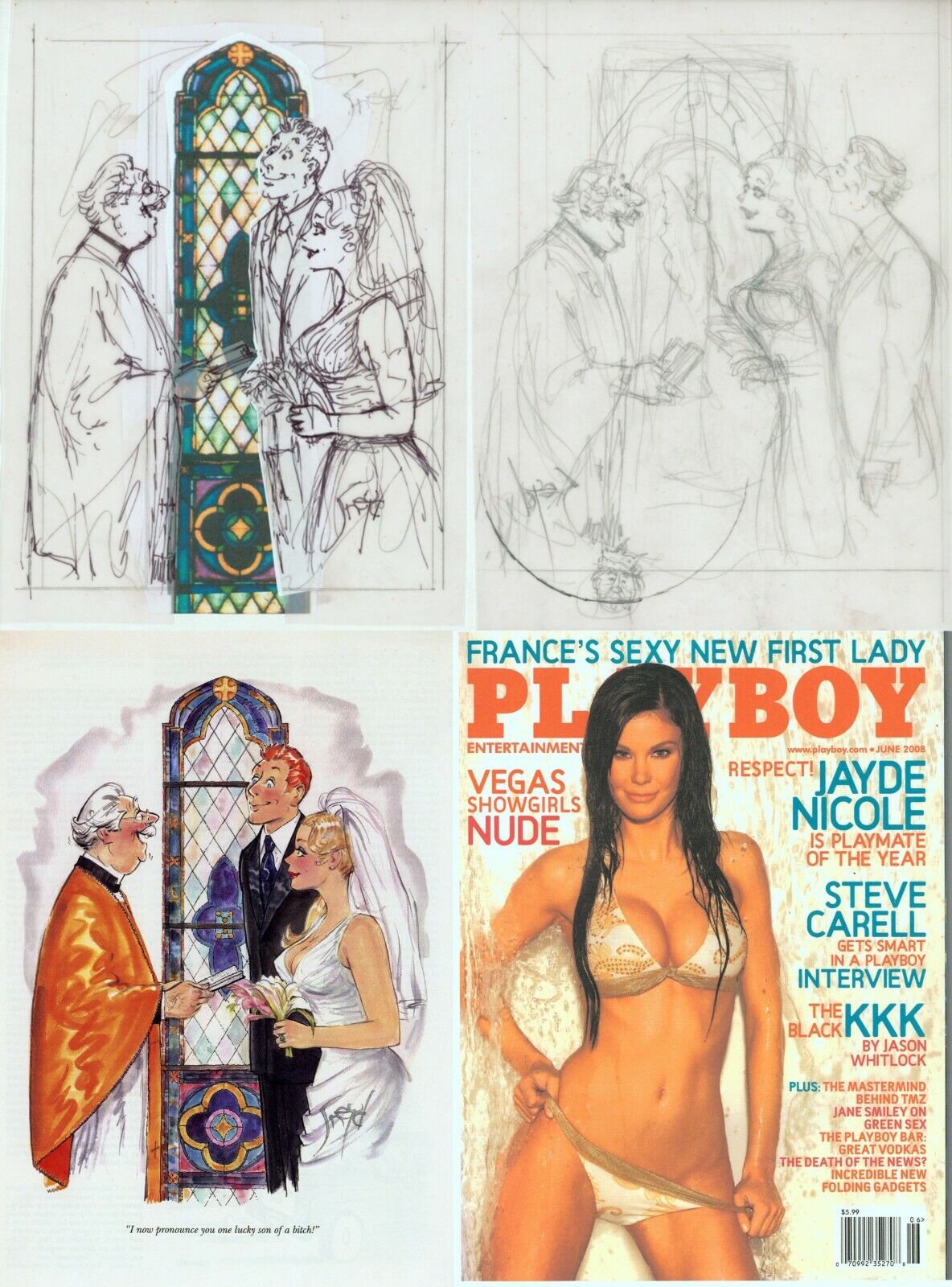 Set of 2 Doug Sneyd Signed Original Art Sketch Gag Roughs ~ Playboy June 2008