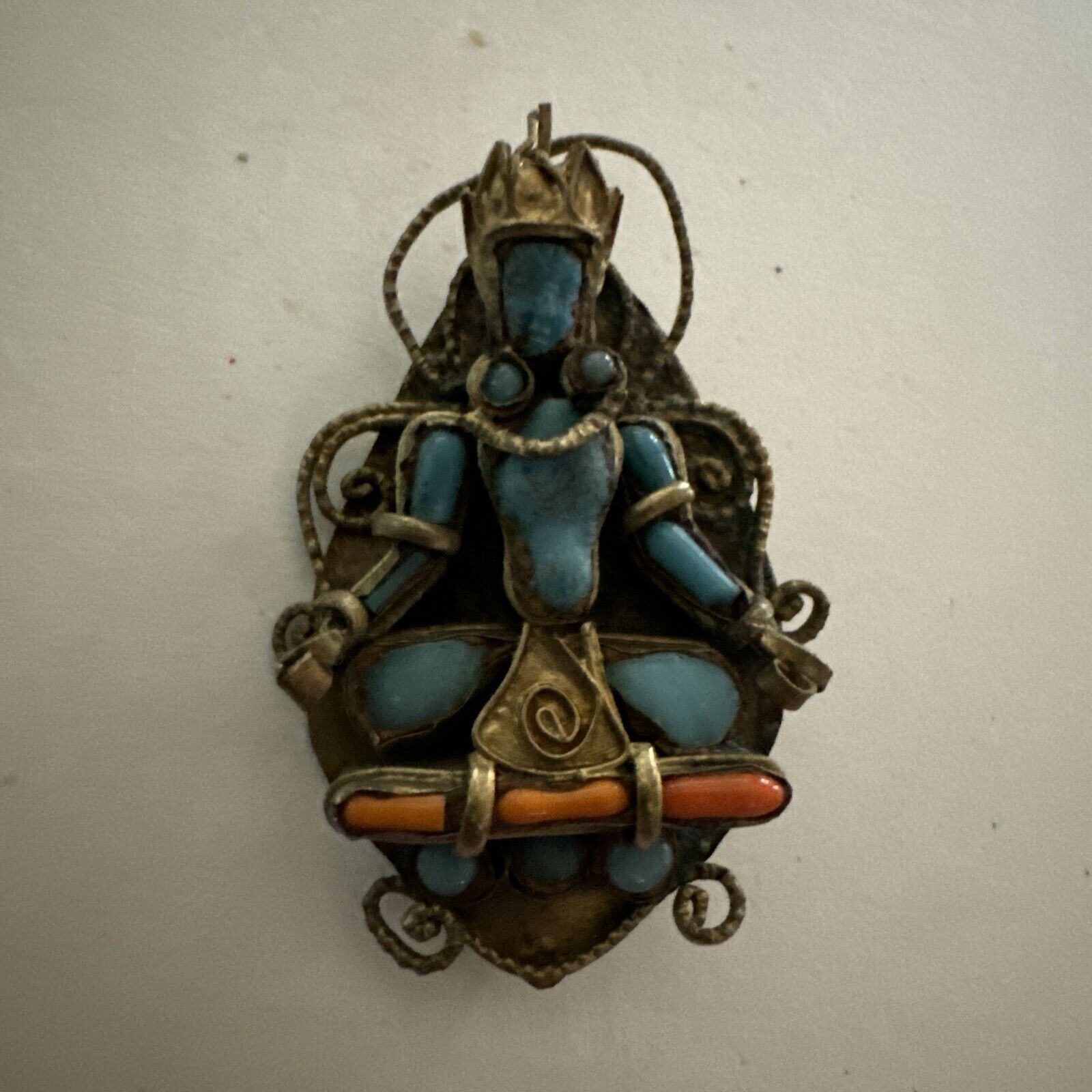 Vintage Tibetan Buddhist Pendant Deity handmade brooch pin Turquoise Coral Brass