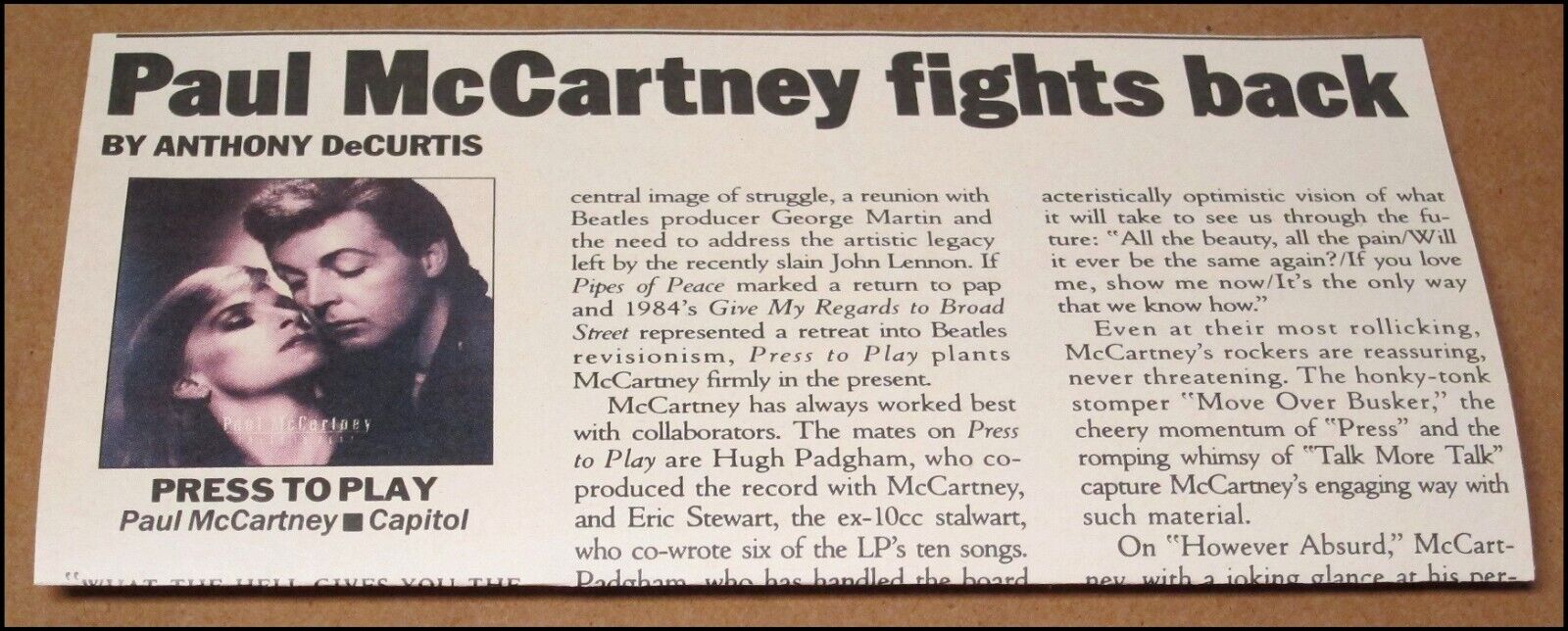 1986 Paul McCartney Press to Play Rolling Stone Album Review Clipping Beatles