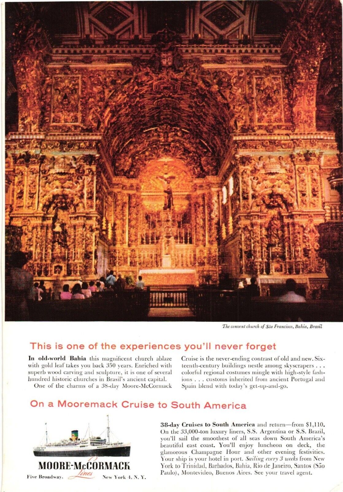 1955 Moore-McCormack Cruise Lines Church Sao Francisco Brasil Print Ad Vintage