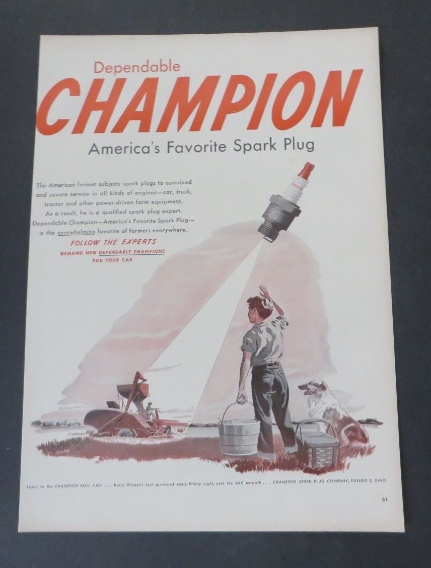 Original Print Ad 1948  Dependable CHAMPION Spark Plug Vintage Art  