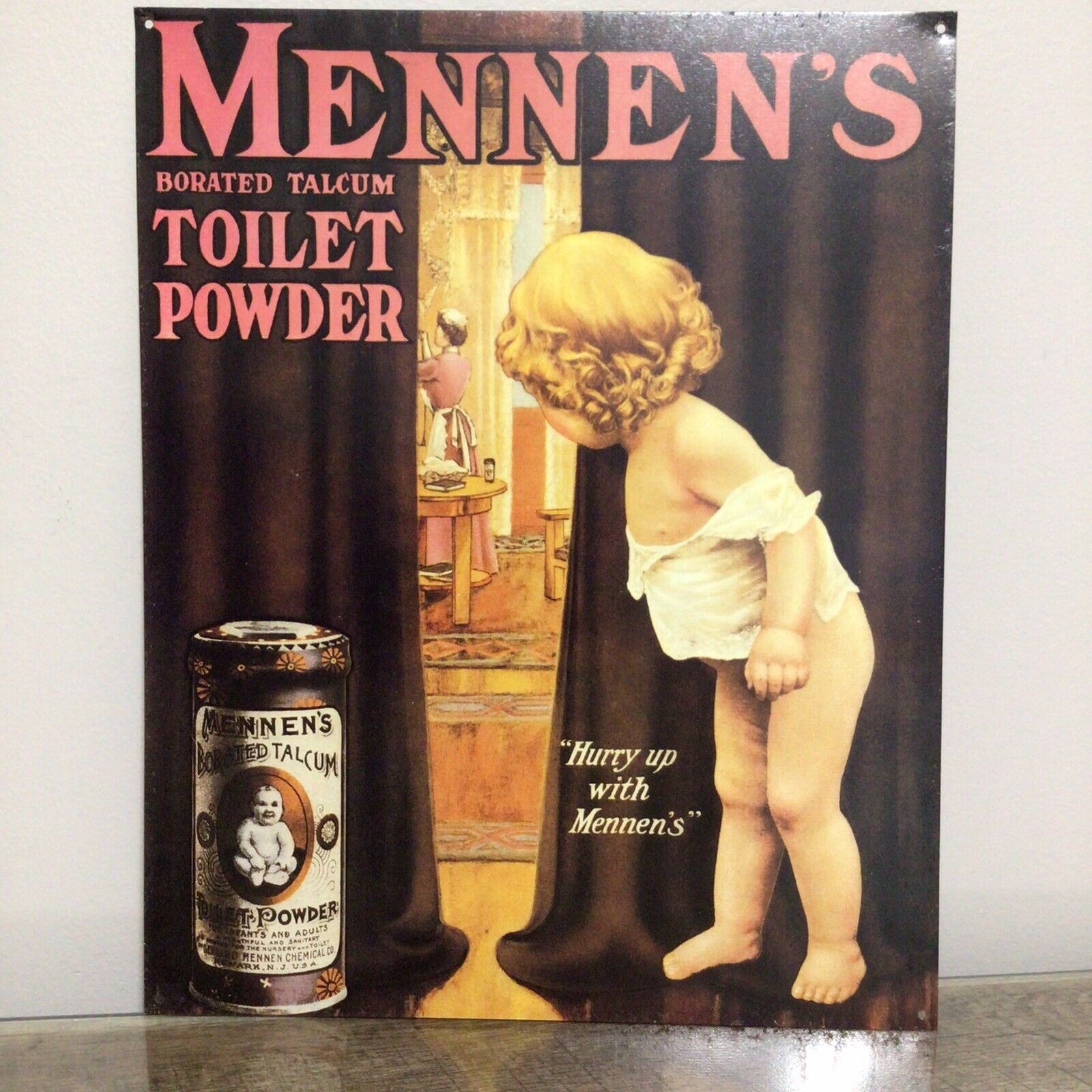 Mennen\'s Borated Talcum Toilet Powder Tin Metal Sign 14 3/4\
