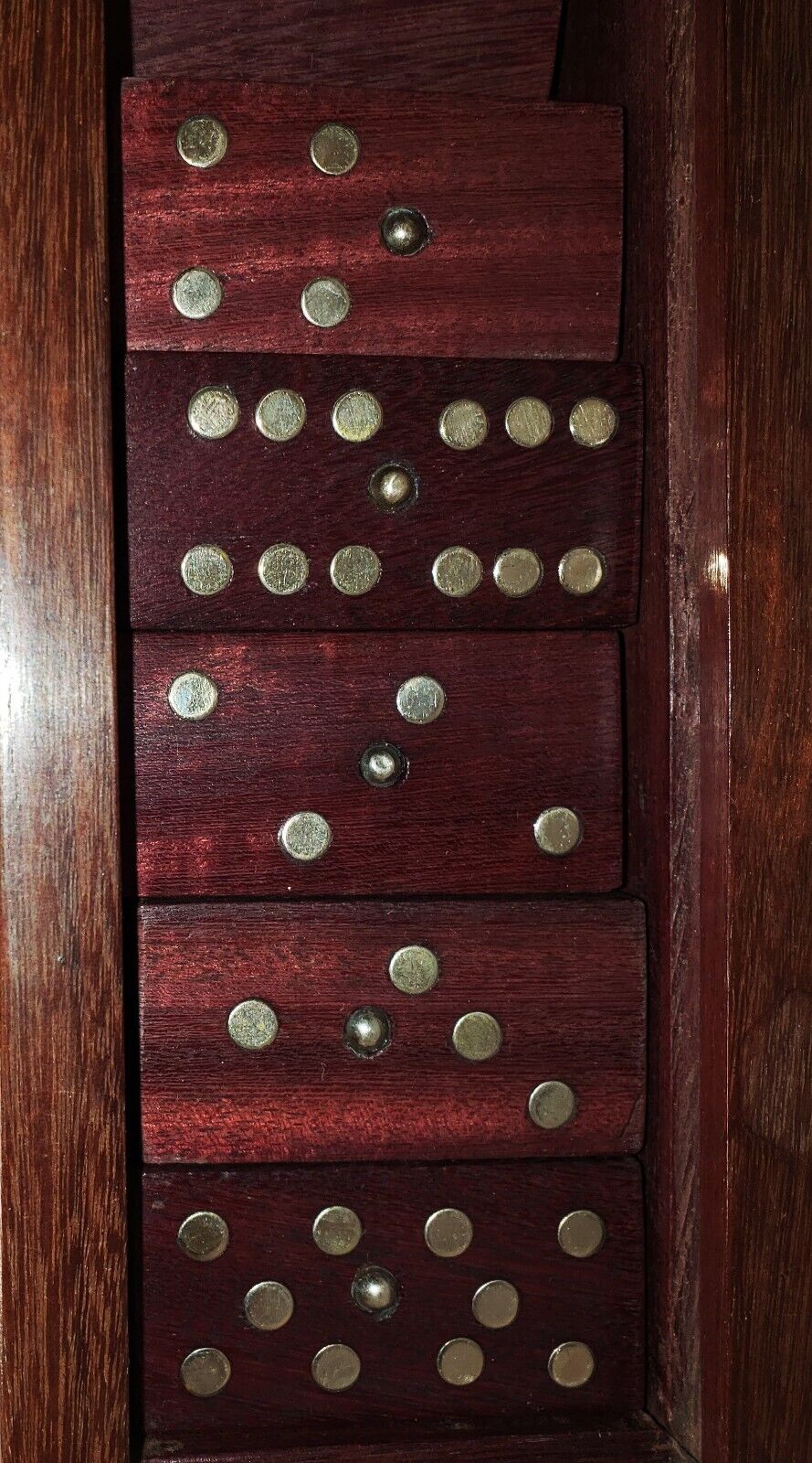 VINTAGE 1940s Handmade Wood & Inlaid Silver Studded Domino Set 28pc Mahogany Box