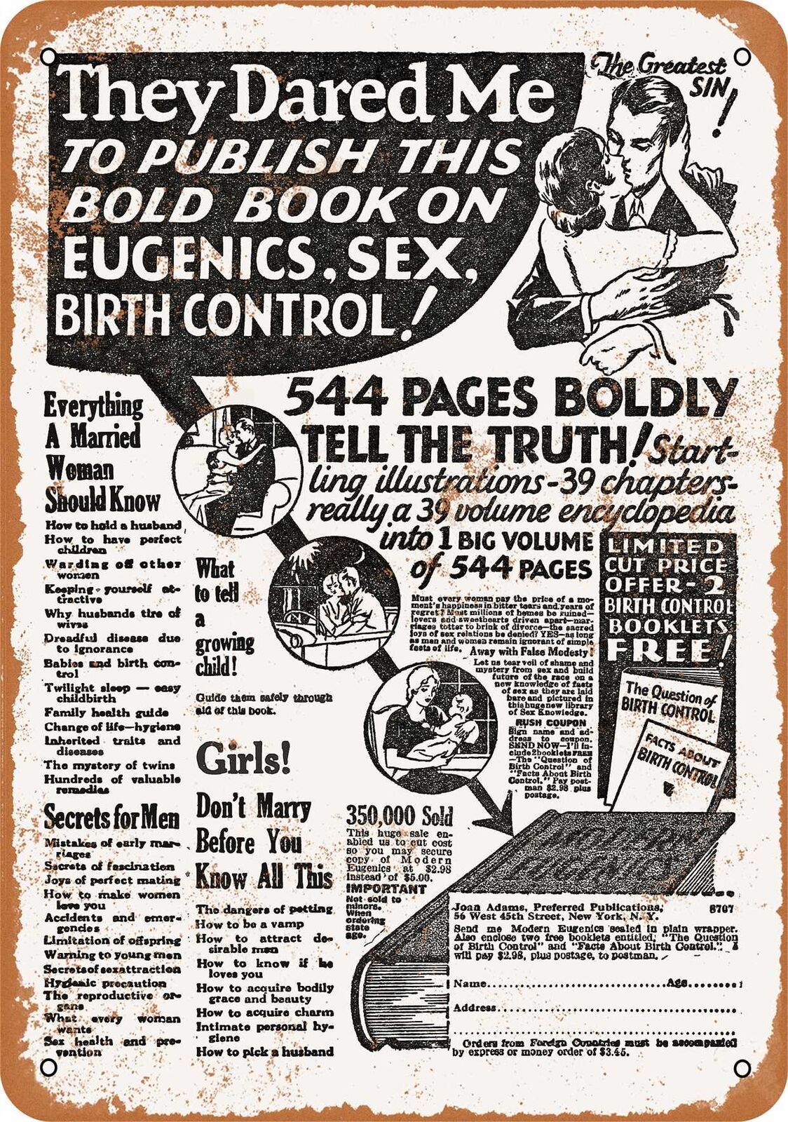 Metal Sign - 1932 Ad for Book on Eugenics and Sex - Vintage Look Reproduction