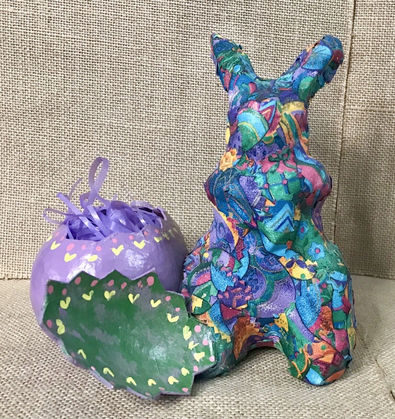 Handmade Fabric Decoupage Paper Mache Bunny w Cracked Egg Kitsch New Wave AS IS