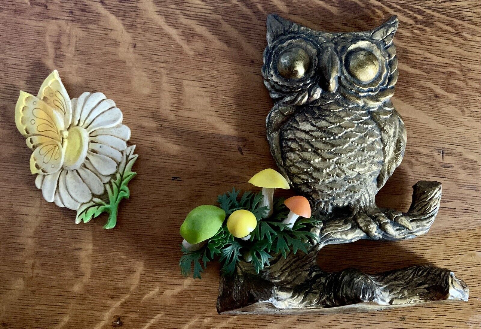 Vintage Wall Plaques Owl Woodland Kitsch Mushroom Butterfly Daisy Cottage 1970s