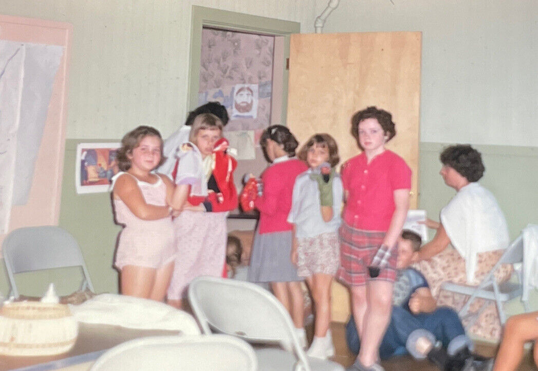 Vintage 1962 2 Slide Photos hand puppets childrens classroom show school teacher