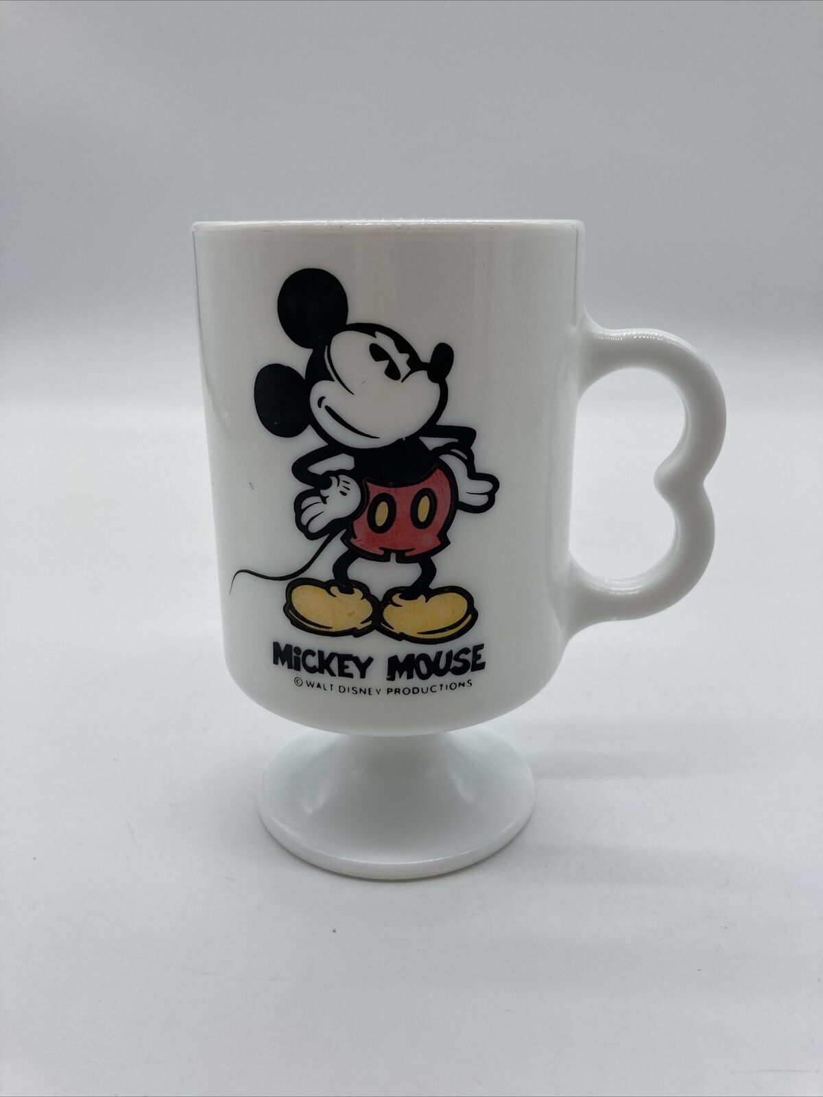 Vintage Mickey Mouse White Milk Glass Pedestal Coffee Mug USA Heat Proof
