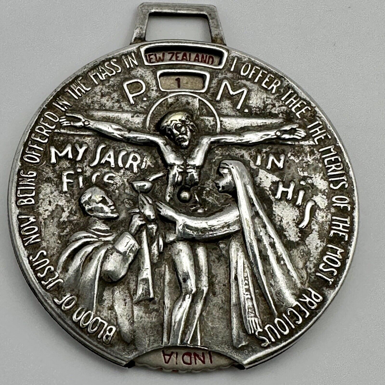 World Mass Time Zone Clock Medallion Pendant Fob Antique Catholic Moveable