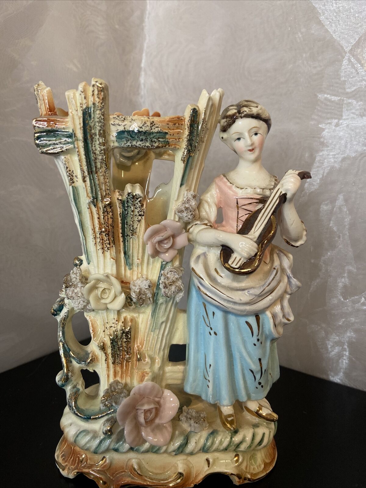 Vintage Ceramic Bud Vase Colonial Lady Woman Playing Guitar ukulele Unique Decor