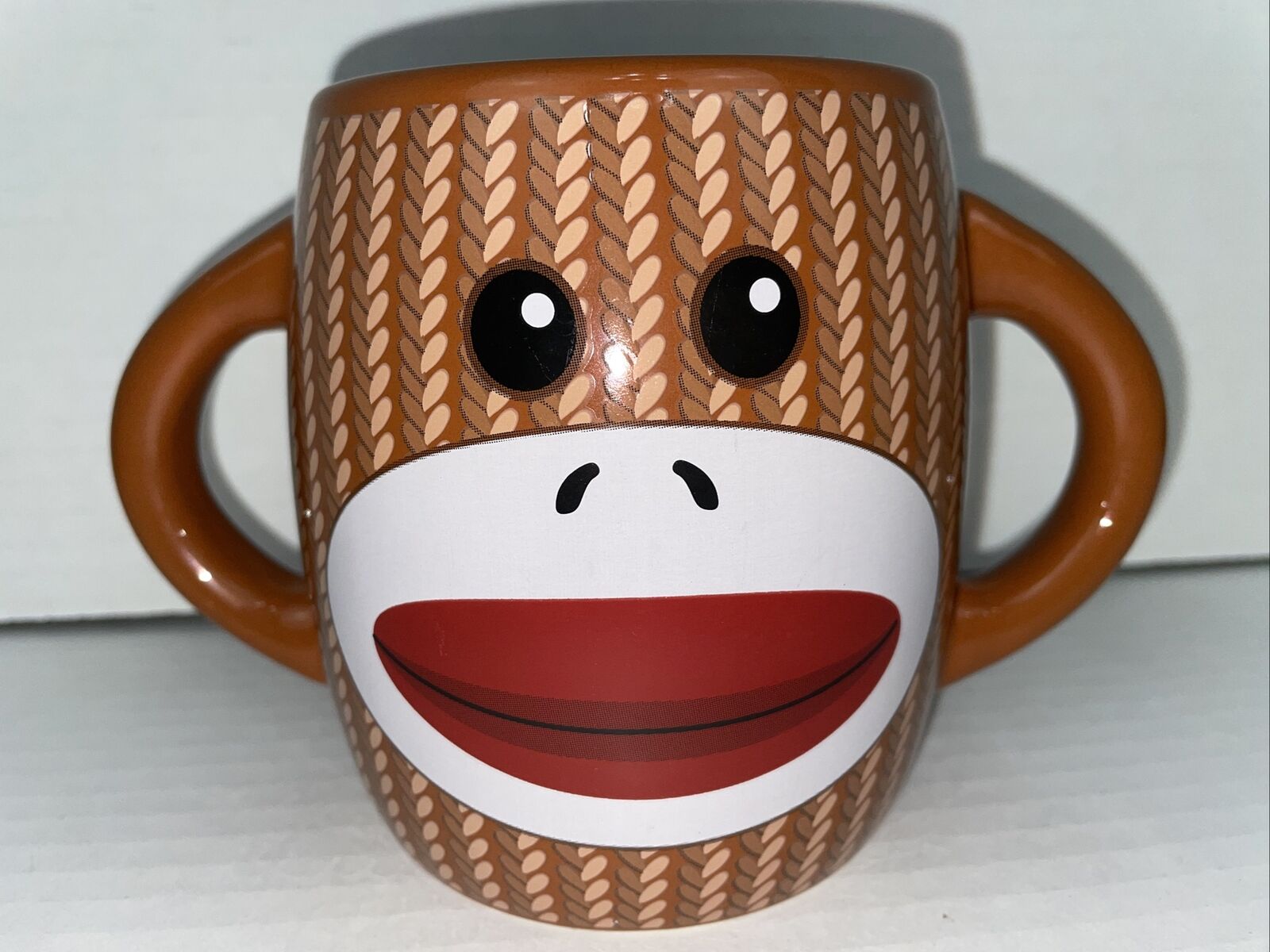 Sock Monkey Coffee Cup Mug Brown White Double Handle Galerie Ceramic B2-2