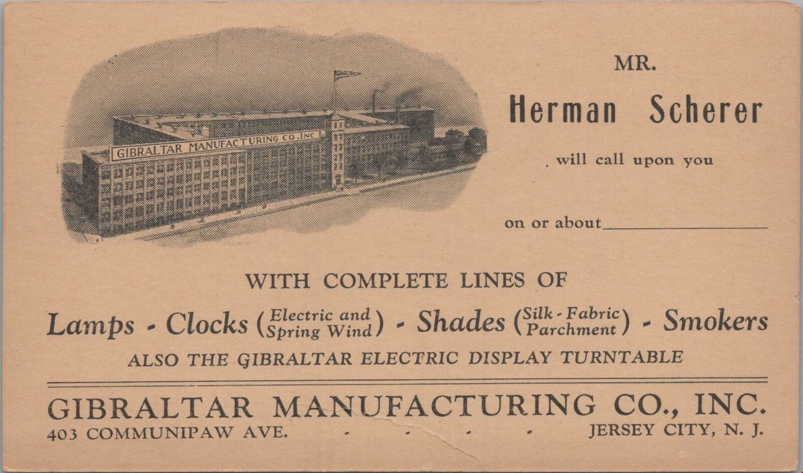 Advertising Postcard Gibraltar Manufacturing Co Jersey City NJ Mr Herman Scherer