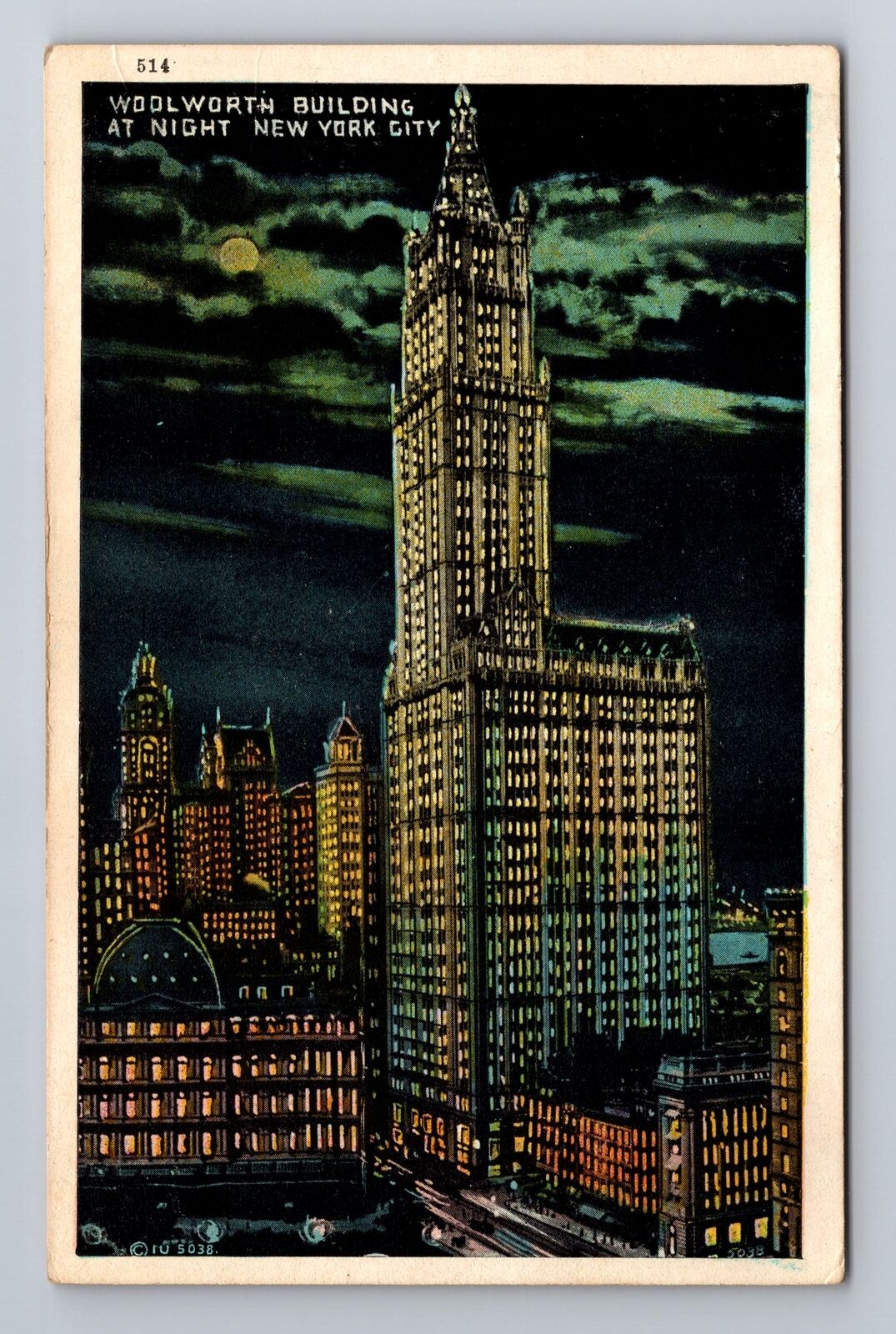 New York City NY-Woolworth Building At Night, Skyscraper, Vintage Postcard