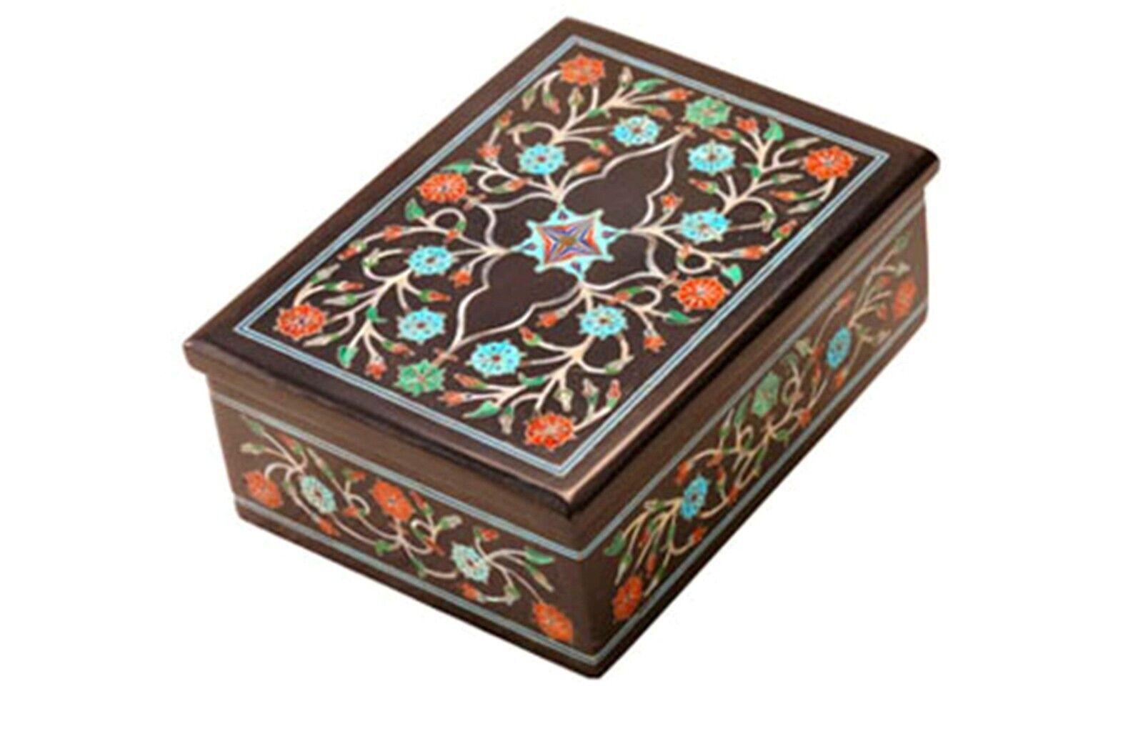 Rectangle Black Marble Jewelry Box Antique Pattern Inlay Work Jewelry Organizer