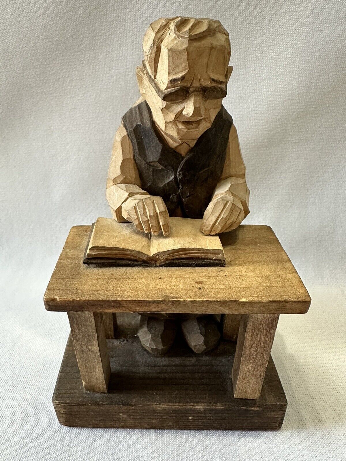 1962 Wood Carving Finland “Sokea” Signed Man Reading Braille Book