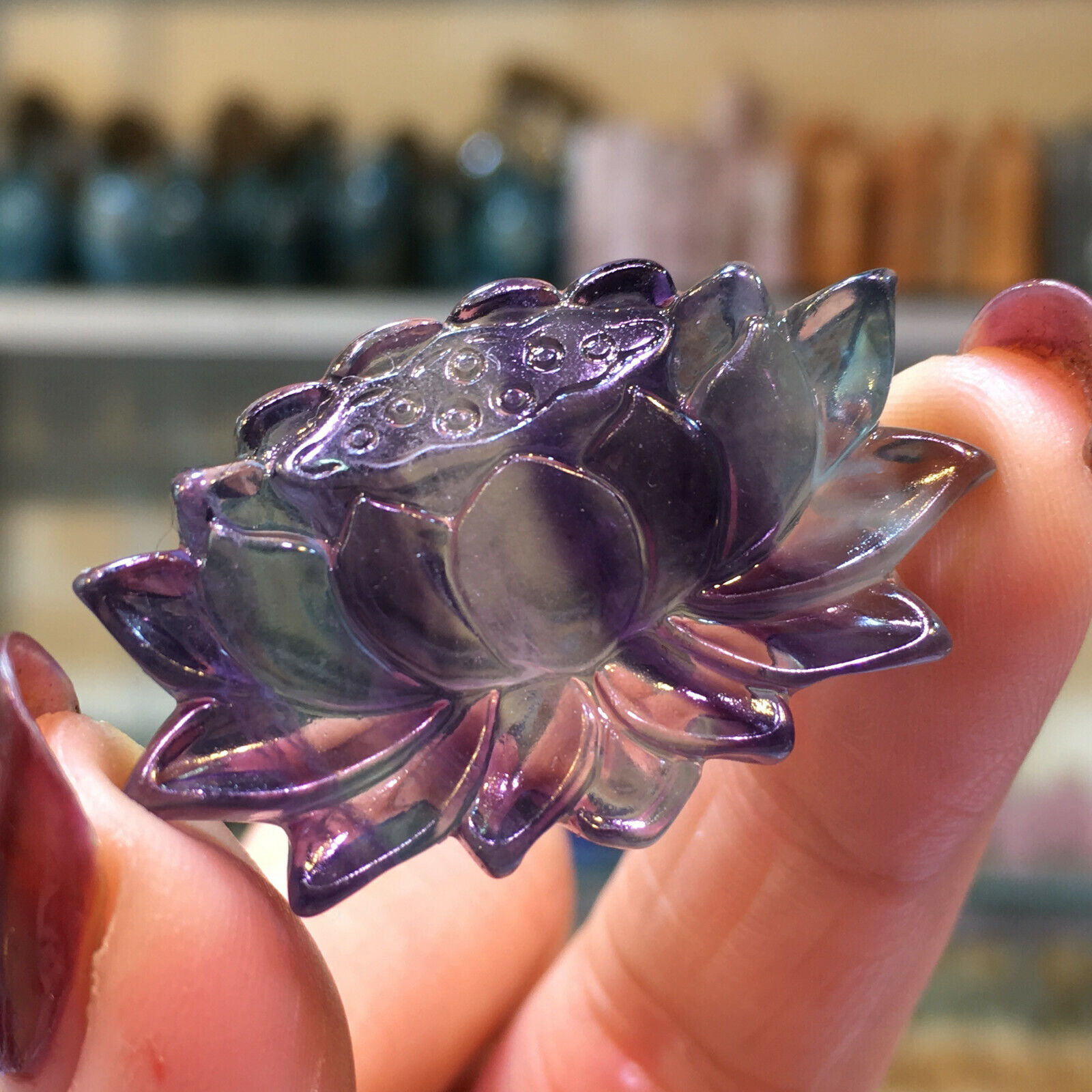 1pc Natural fluorite lotusquartz Hand-Carved Crystal Healing