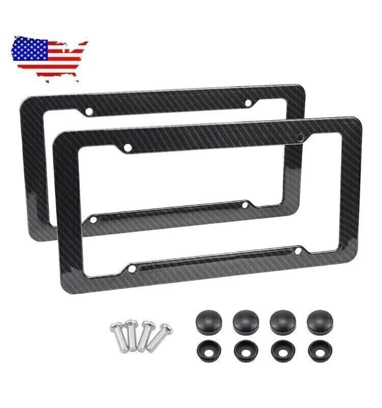 2Pcs Black Stainless Steel Metal License Plate Frame Tag Cover With Screw Caps