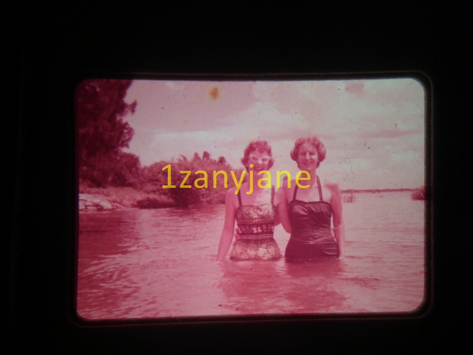 3W07 VINTAGE Photo 35mm Slide TWO WOMEN IN SWIMMING SUITS IN WASTE DEEP WATER