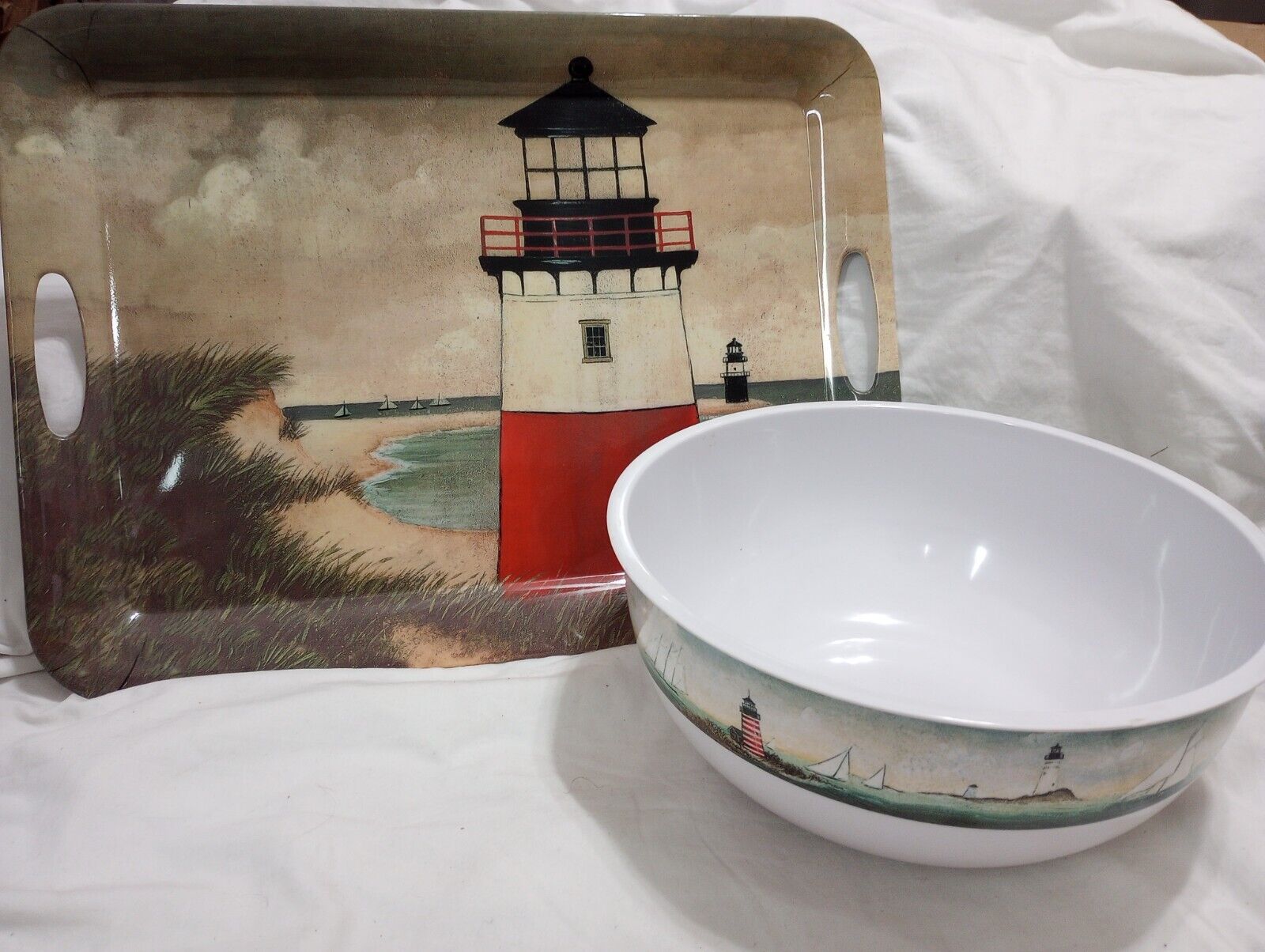 Sakura Evolution By the Sea Serving Tray & Bowl Sailboat Lighthouse Discontinued