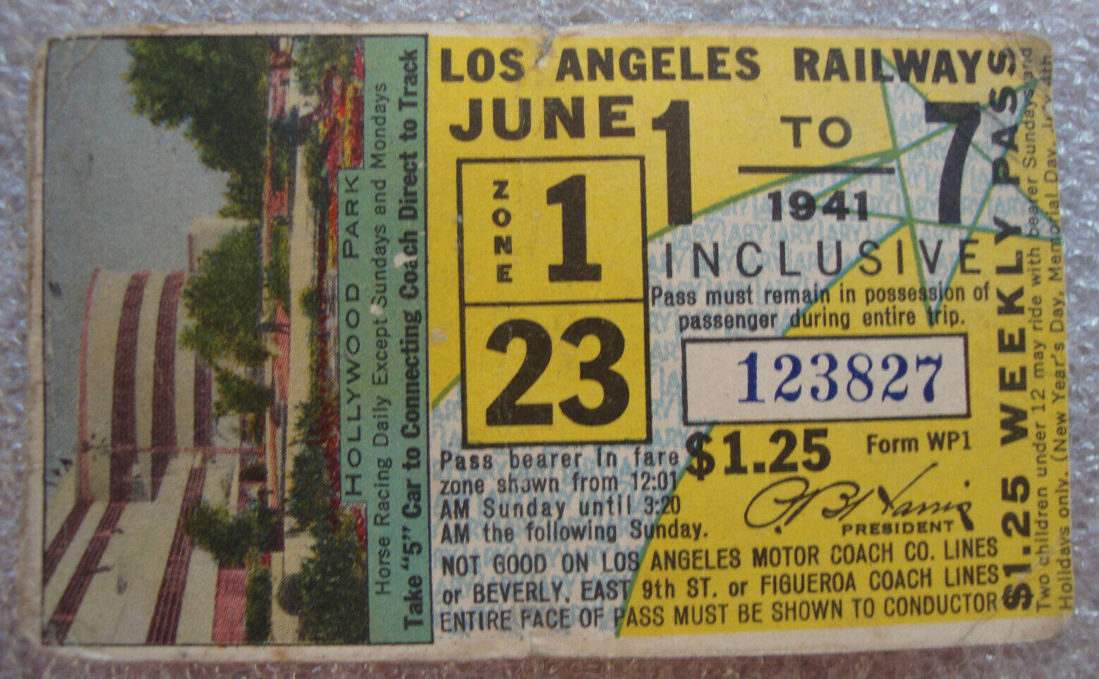 Los Angeles Railway Pass Card June 1941 Hollywood Park