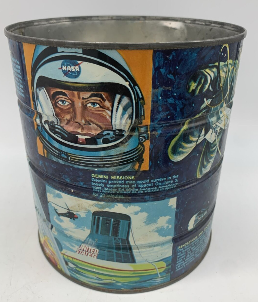 NASA,Vintage/1969, Coffee Can. Featuring Mercury, Gemini, Apollo, Space Programs
