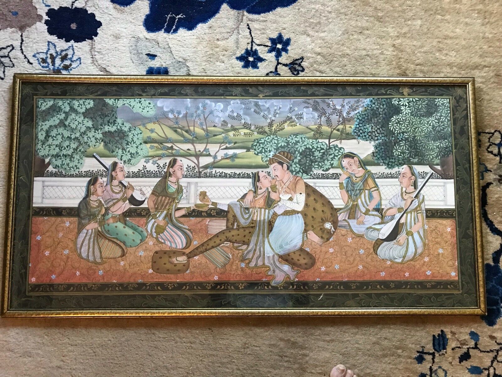 Huge Mughal Painting Indian King And Queen Enjoying Romance With Music Handmade 