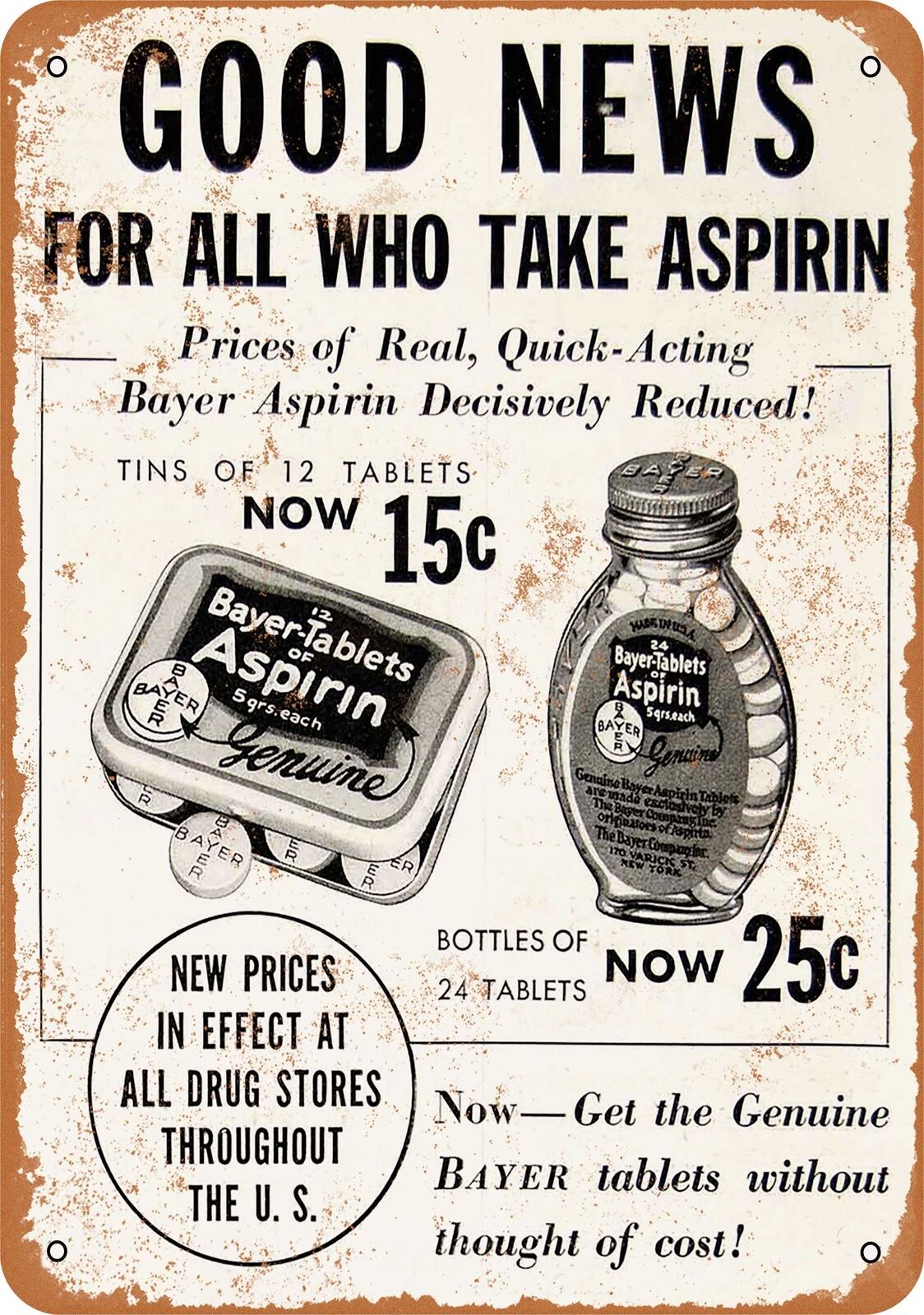 Metal Sign - 1934 Bayer Aspirin - Vintage Look Reproduction