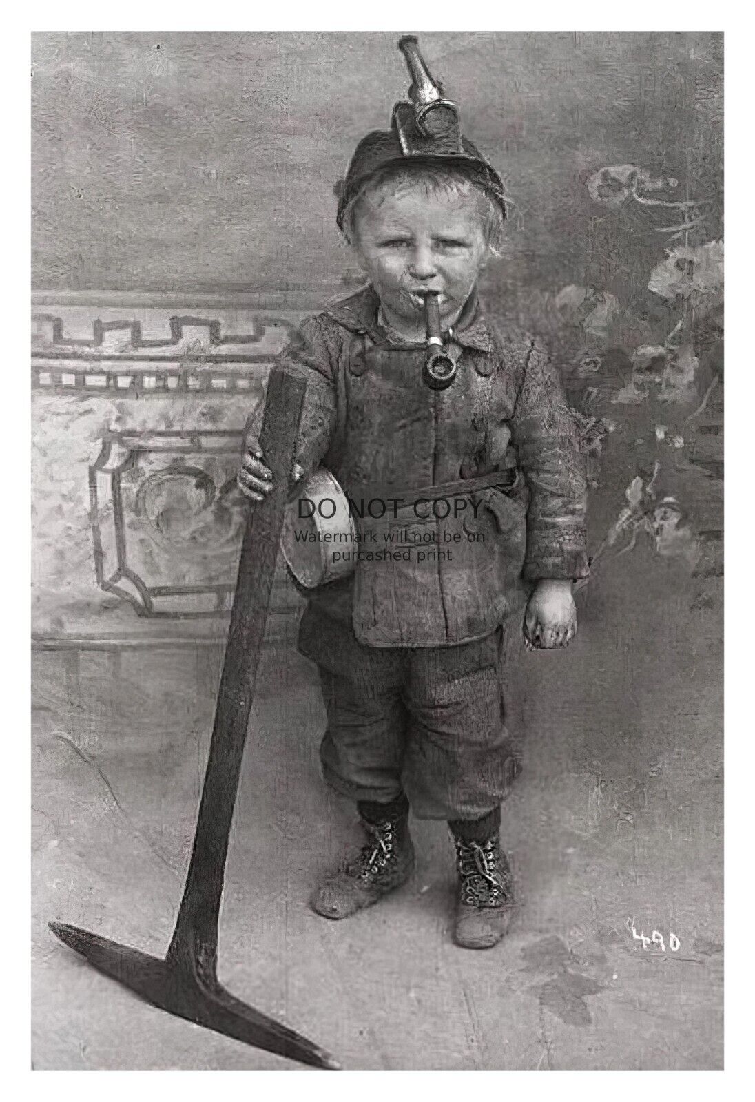 CHILD COAL MINER 8 YRS OLD SMOKING PIPE HOLDING PICKAXE FREAK 4X6 PHOTO POSTCARD